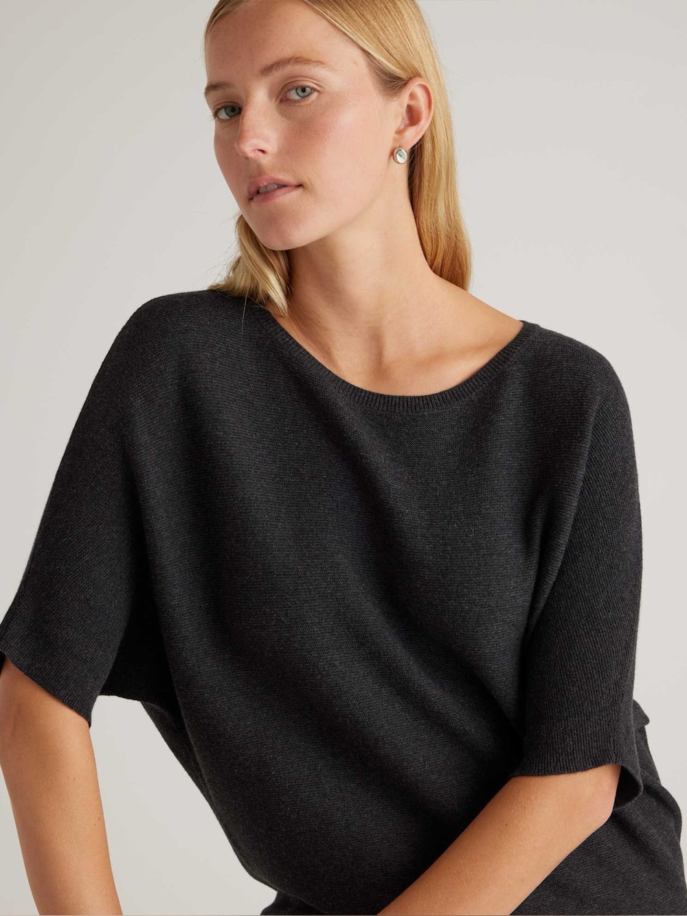 Quince Lightweight Cotton Cashmere Link-Stitch Dolman Sweater in Black, Small